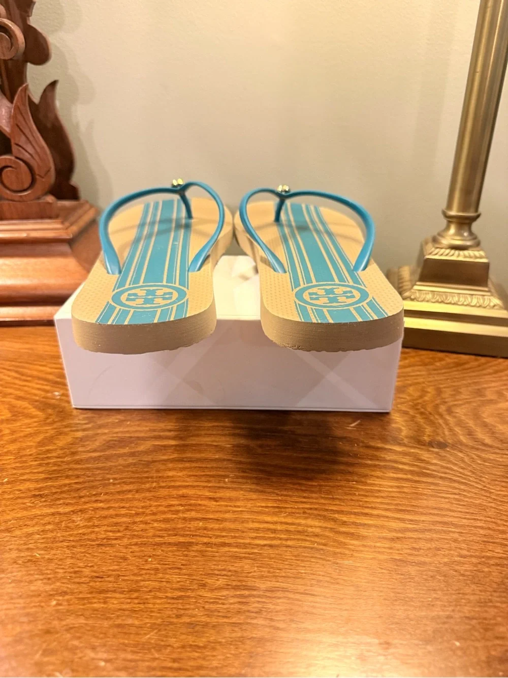 Tory Burch Teal Strap Sandals with Tan Striped Footbed Size 11